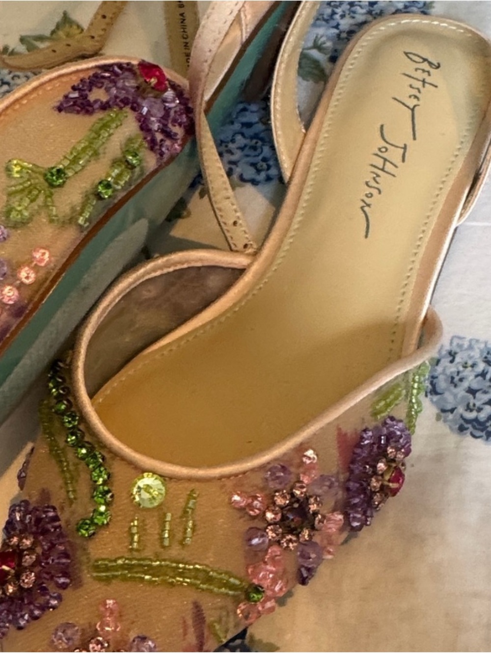 Betsey Johnson Pale Pink Beaded Floral Mules